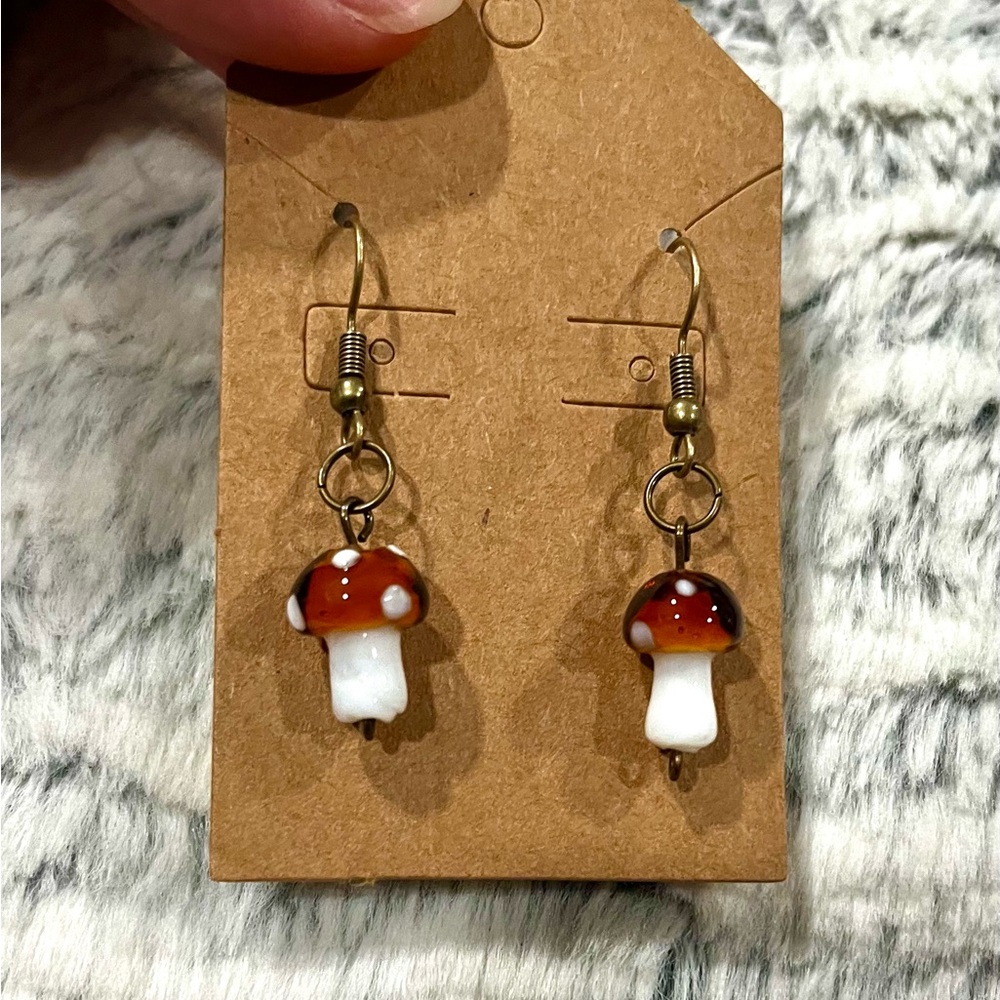 Bronze Mushroom Dangle Earrings in Brown and White